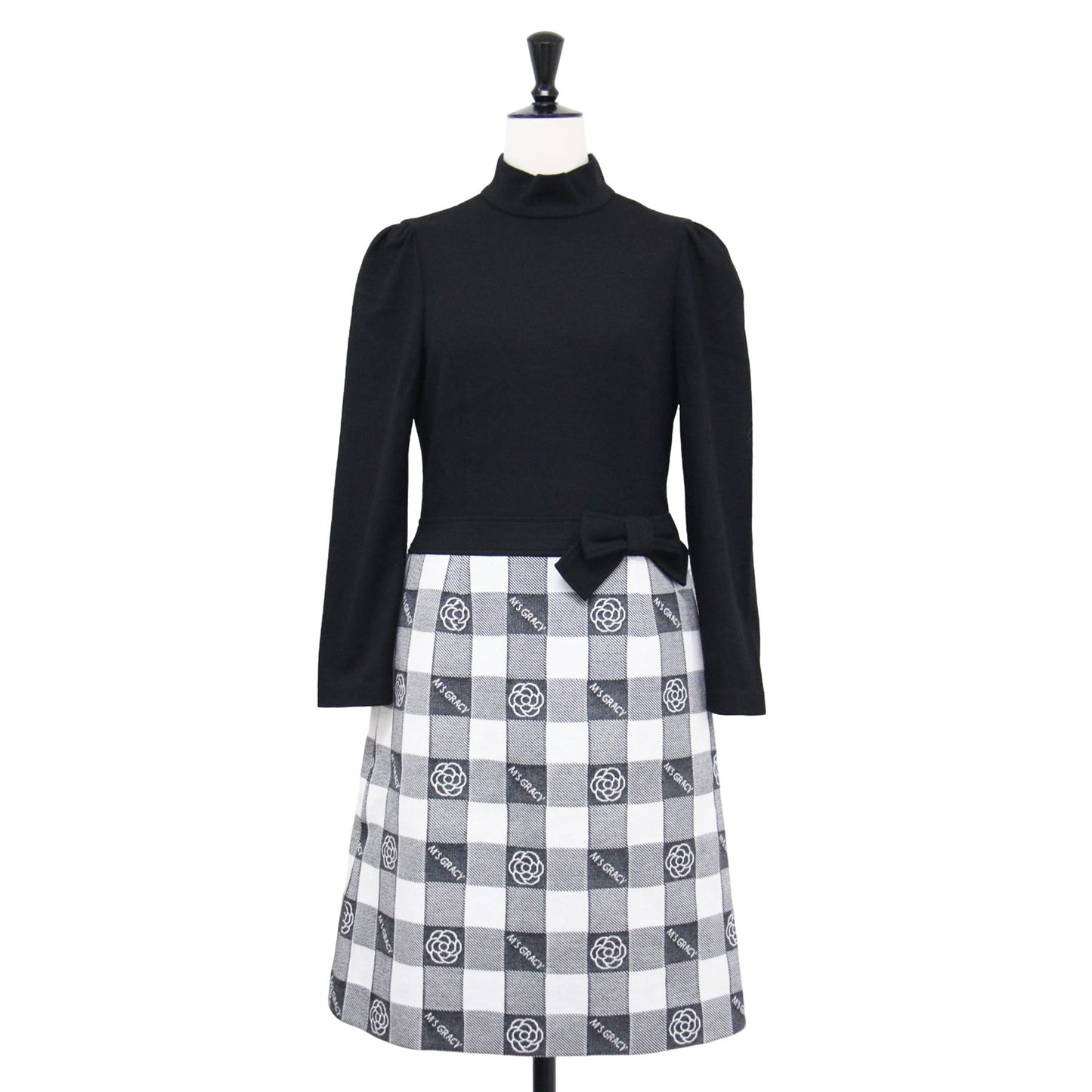 タイトシルエット コンビワンピース / ドレス 長袖 ミディ丈 ハイネック カメリア ブロックチェック