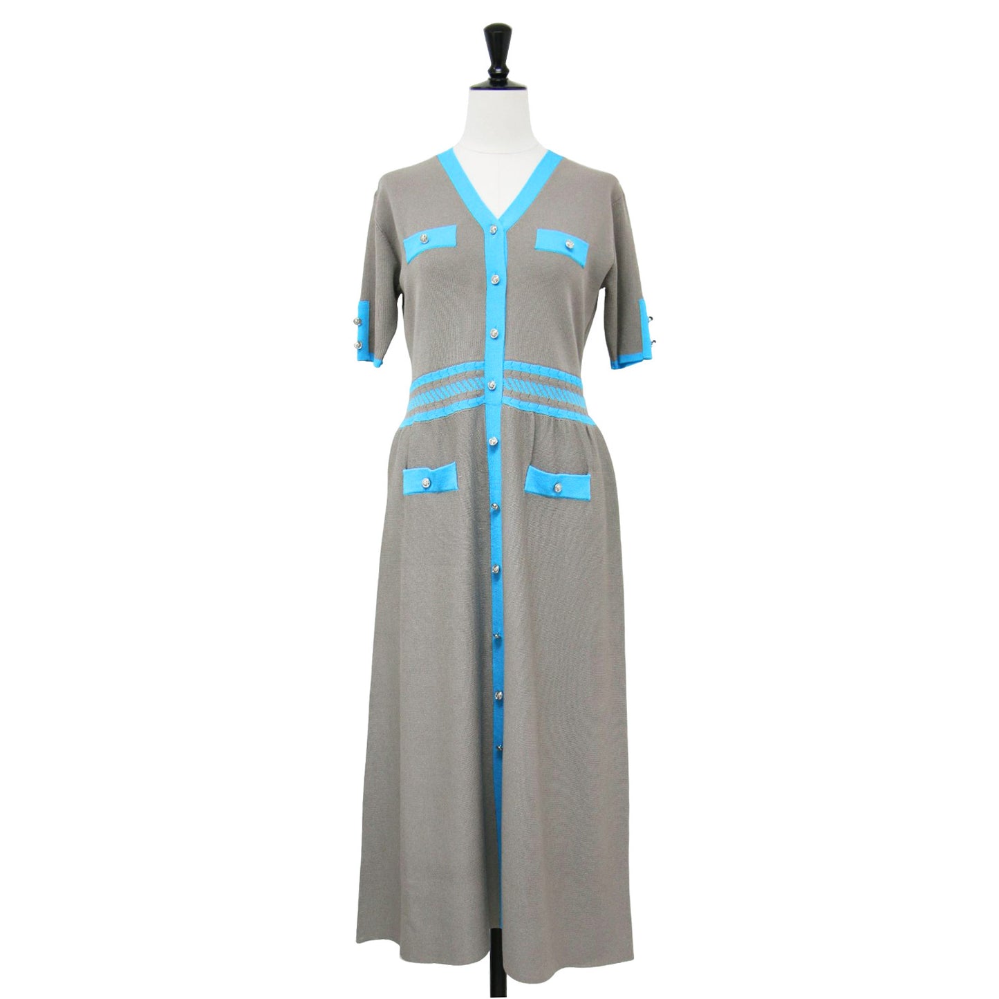 24春夏 I wonder if... バイカラー ライン ワンピース / ミディ丈 半袖 ニット Vネック Aライン