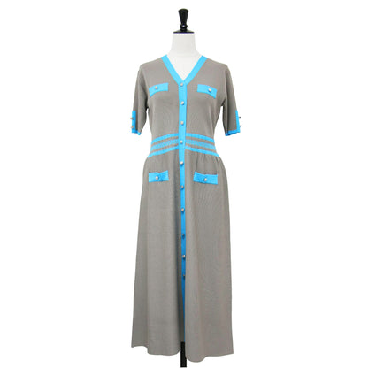 24春夏 I wonder if... バイカラー ライン ワンピース / ミディ丈 半袖 ニット Vネック Aライン