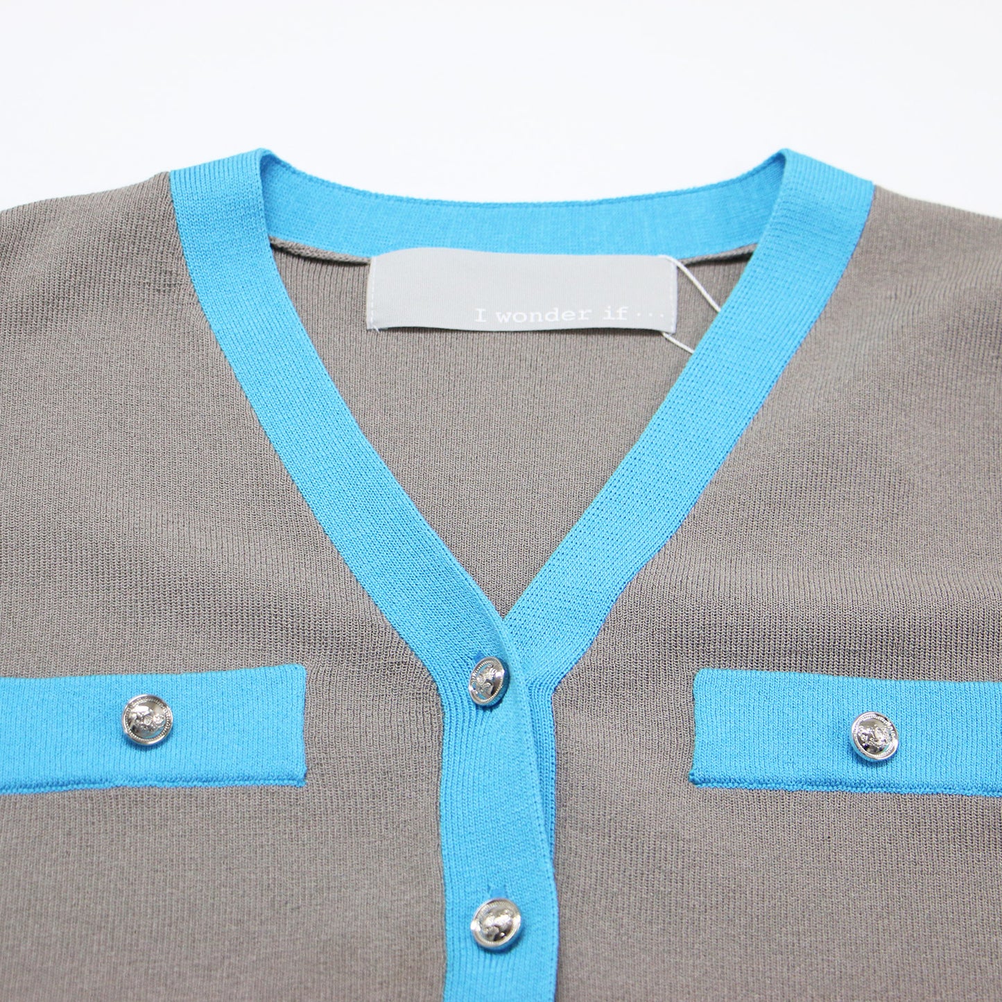 24春夏 I wonder if... バイカラー ライン ワンピース / ミディ丈 半袖 ニット Vネック Aライン