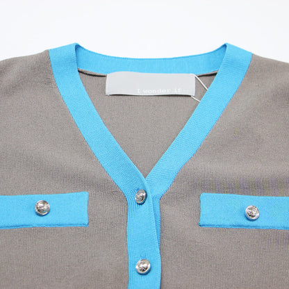 24春夏 I wonder if... バイカラー ライン ワンピース / ミディ丈 半袖 ニット Vネック Aライン