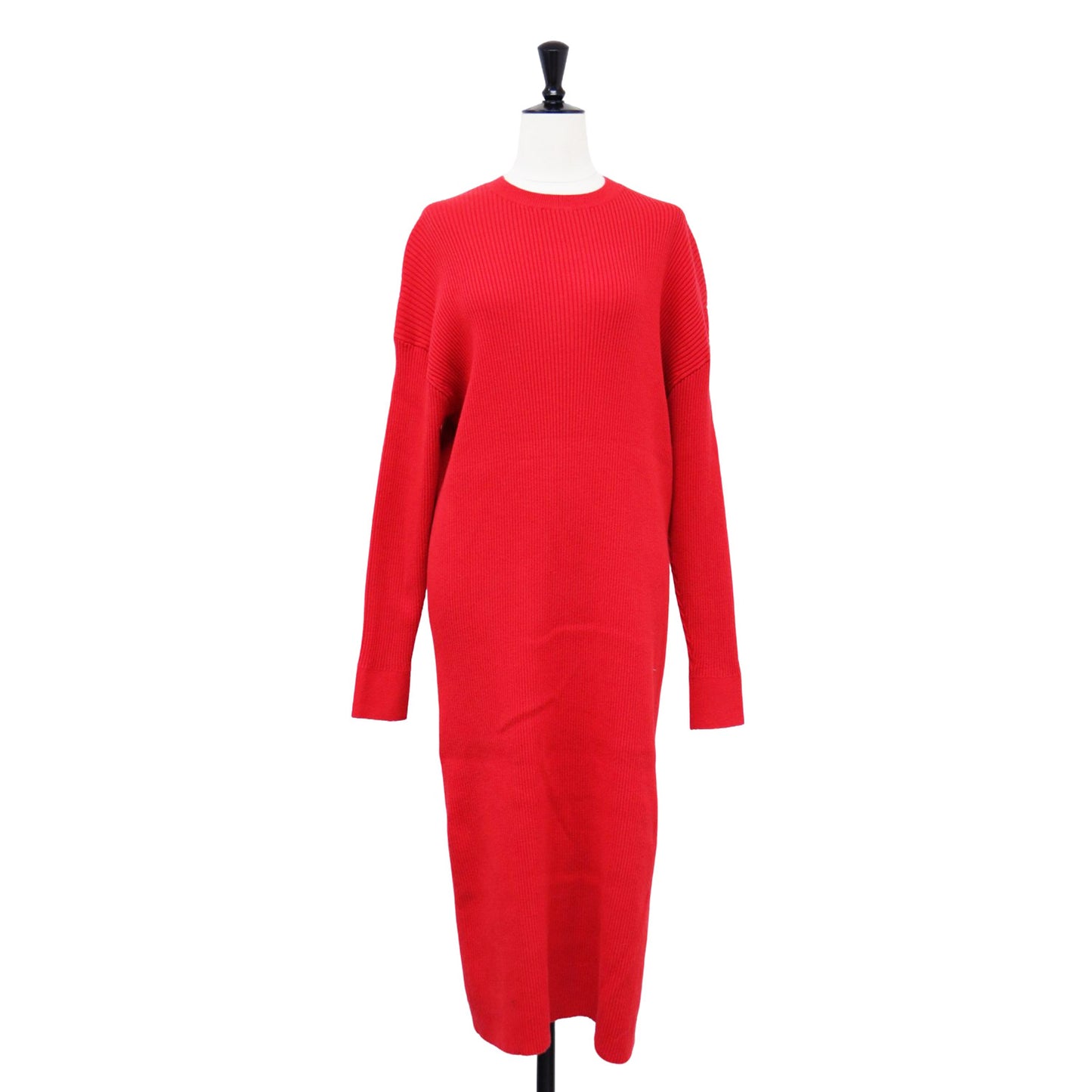 コットン カシミヤ ニット ワンピース / ロング クルーネック 長袖 Iライン リブ