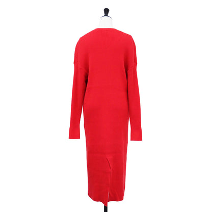 コットン カシミヤ ニット ワンピース / ロング クルーネック 長袖 Iライン リブ