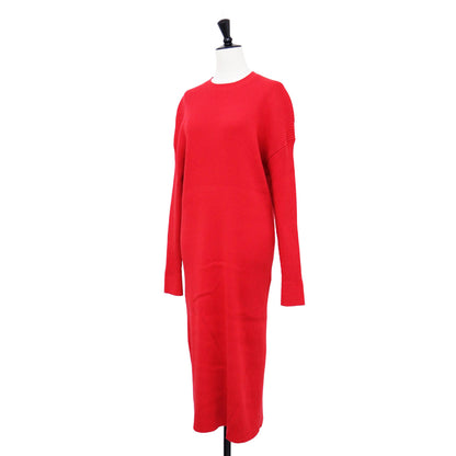 コットン カシミヤ ニット ワンピース / ロング クルーネック 長袖 Iライン リブ