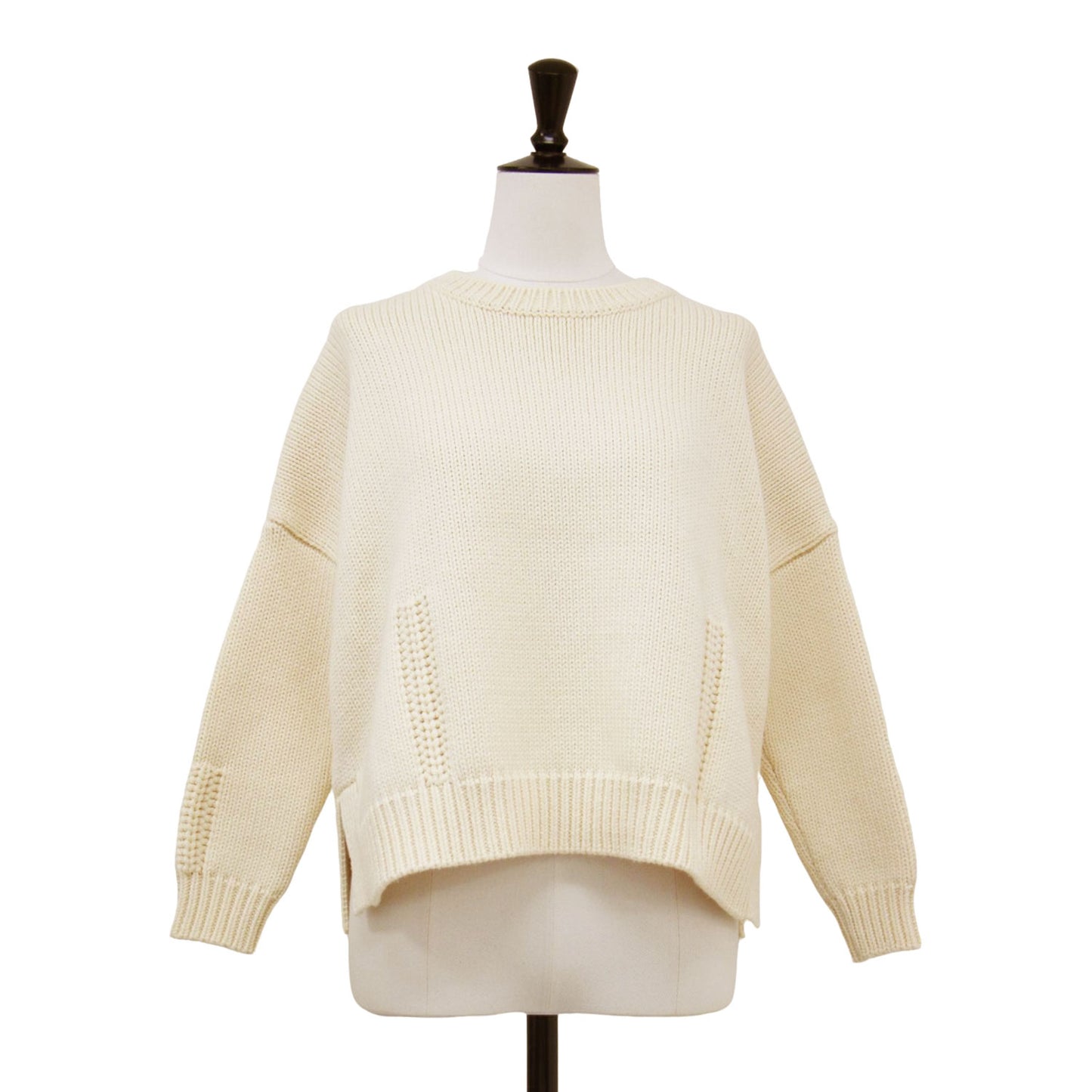 コットン ウール クルーネック ニット / プルオーバー ショート丈 長袖 ワイド ローゲージ