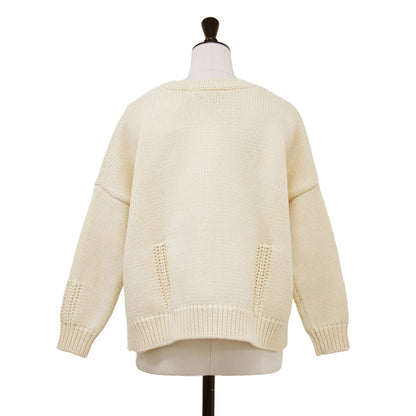 コットン ウール クルーネック ニット / プルオーバー ショート丈 長袖 ワイド ローゲージ