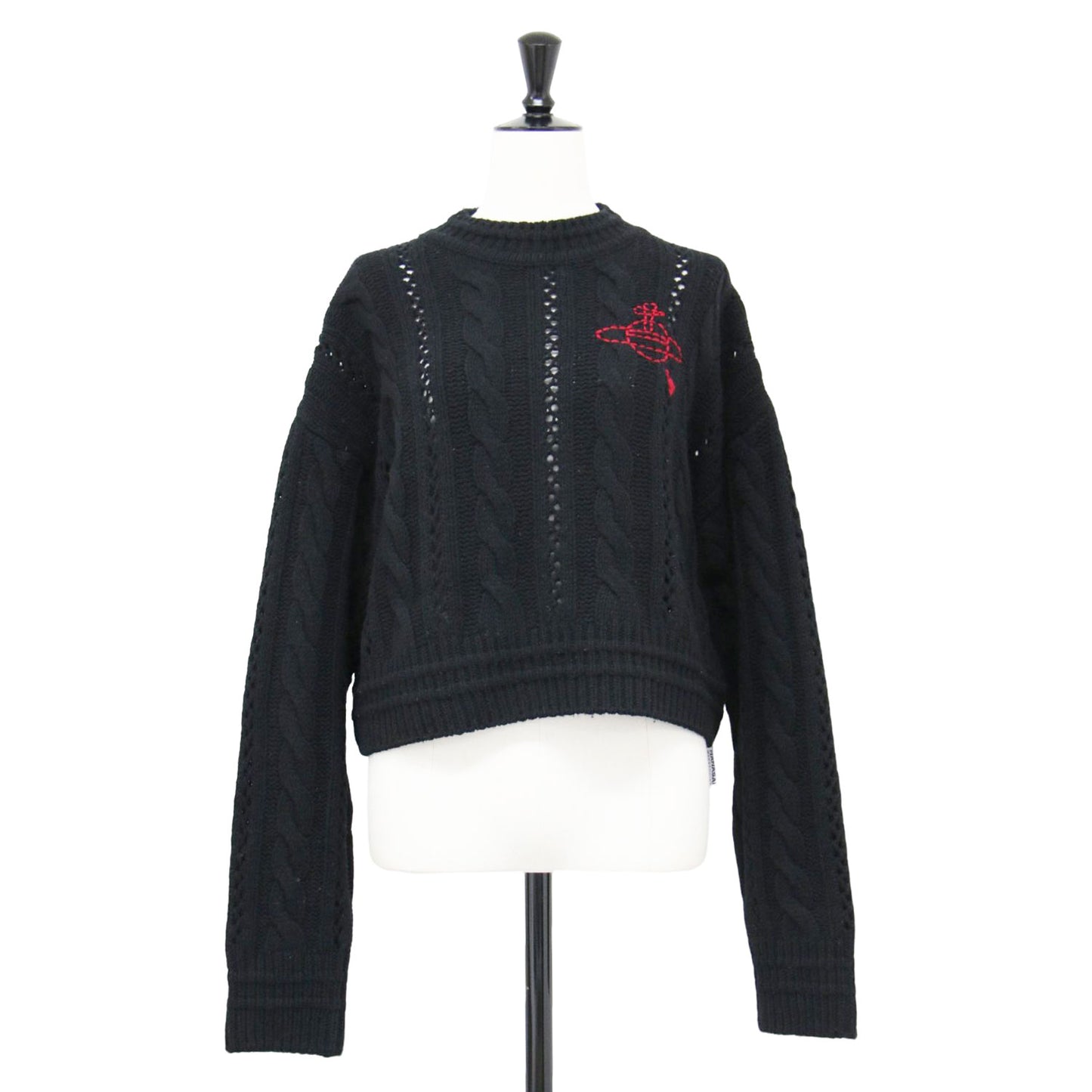 ローゲージ アイレット ケーブル クロップド トップ / ニット プルオーバー ショート丈 クルーネック 長袖 ウール