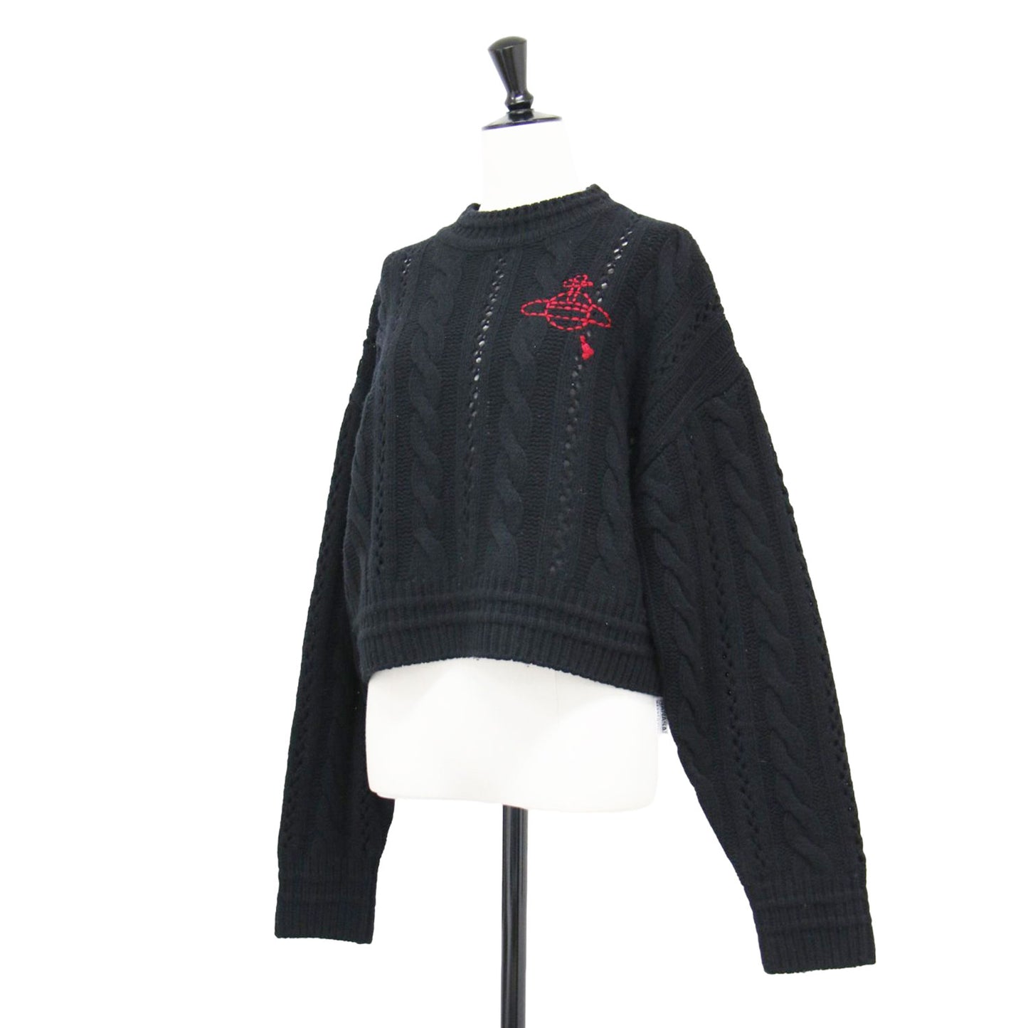 ローゲージ アイレット ケーブル クロップド トップ / ニット プルオーバー ショート丈 クルーネック 長袖 ウール