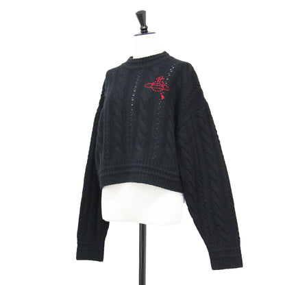 ローゲージ アイレット ケーブル クロップド トップ / ニット プルオーバー ショート丈 クルーネック 長袖 ウール