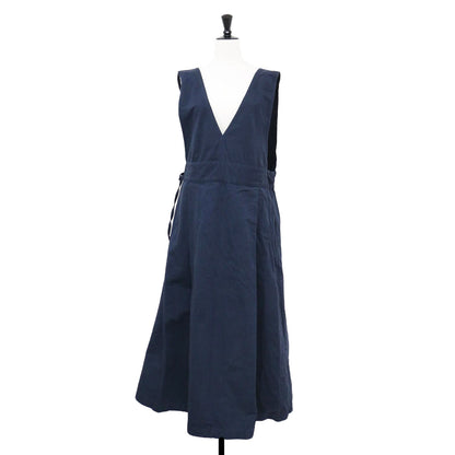 コットン ヘンプ ラップ ワンピース / ジャンパースカート Vネック ロング ノースリーブ タック Aライン