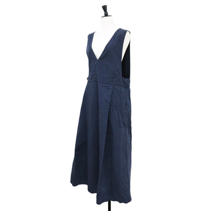 コットン ヘンプ ラップ ワンピース / ジャンパースカート Vネック ロング ノースリーブ タック Aライン