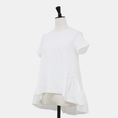 バックフレアヘム 半袖 Tシャツ / カットソー クルーネック フリル 切替 Aライン