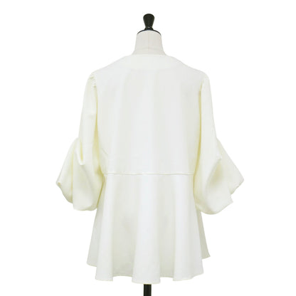 24春夏 キーネック フレア ブラウス / 半袖 バルーンスリーブ ストレッチ