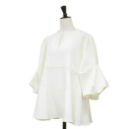 24春夏 キーネック フレア ブラウス / 半袖 バルーンスリーブ ストレッチ