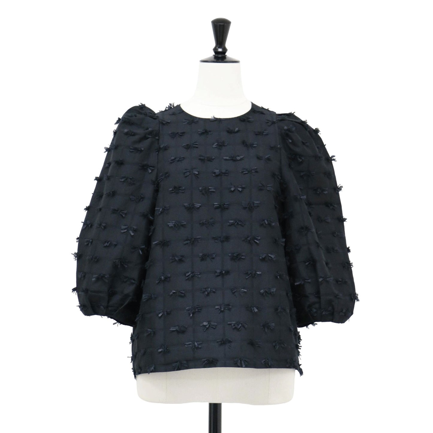 リボン カットジャカード 8SL ブラウス / クルーネック 8分袖 ボリュームスリーブ