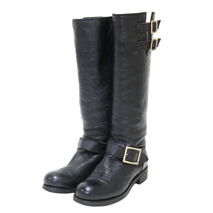 レザー ロング エンジニア ブーツ / バイカーブーツ ベルト シワ加工 本革