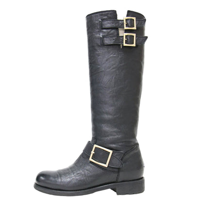 レザー ロング エンジニア ブーツ / バイカーブーツ ベルト シワ加工 本革