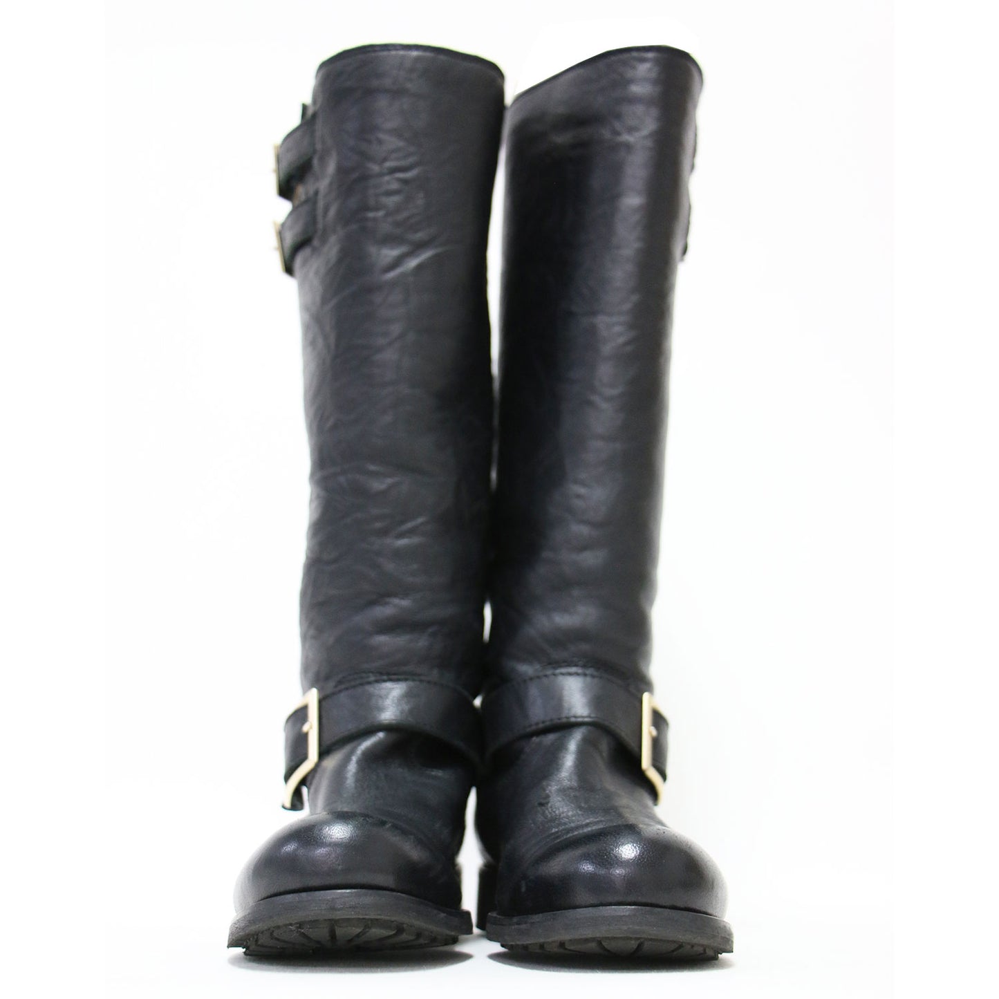 レザー ロング エンジニア ブーツ / バイカーブーツ ベルト シワ加工 本革