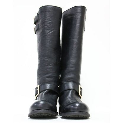 レザー ロング エンジニア ブーツ / バイカーブーツ ベルト シワ加工 本革