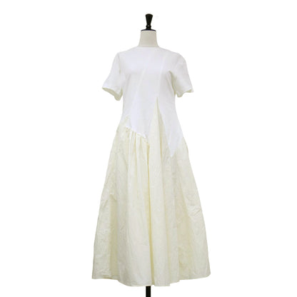 ジャージー 布帛 コンビ ロング ワンピース / Ercilia combi tex jersey dress ドレス 半袖 ラウンドネック フレア 切替
