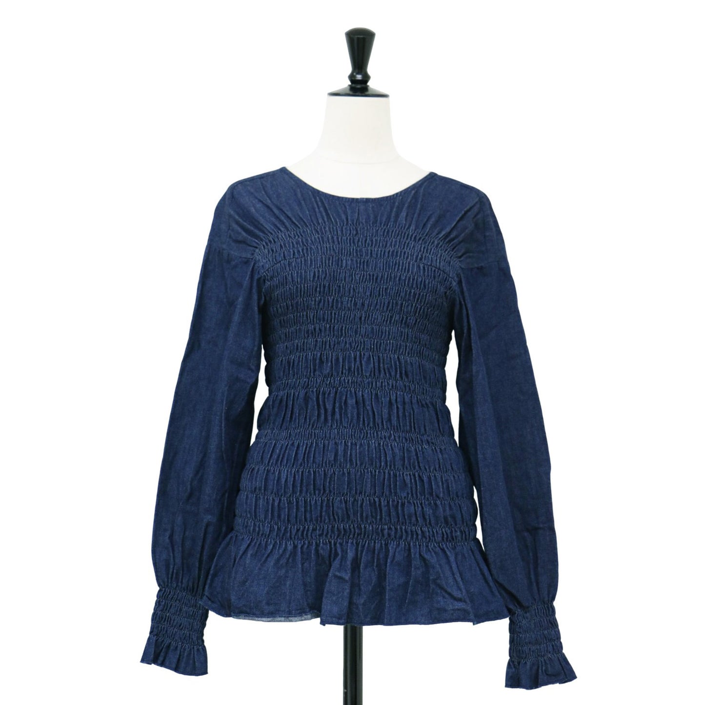 6オンス デニム シャーリング ブラウス / 6oz Denim Shearing Blouse 長袖 クルーネック ギャザー コットン