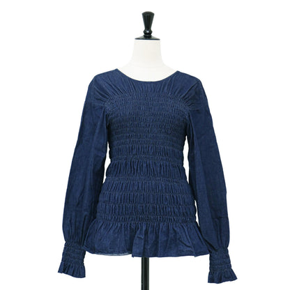 6オンス デニム シャーリング ブラウス / 6oz Denim Shearing Blouse 長袖 クルーネック ギャザー コットン