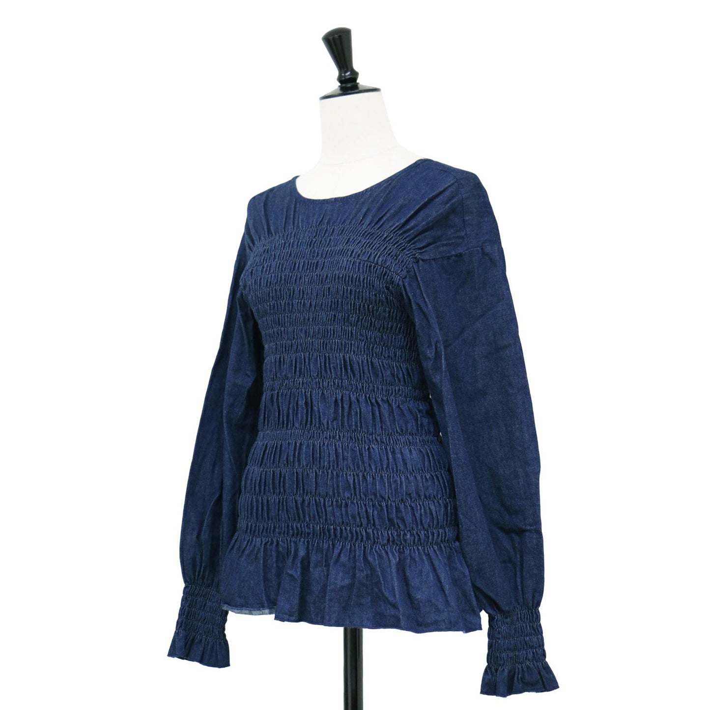 6オンス デニム シャーリング ブラウス / 6oz Denim Shearing Blouse 長袖 クルーネック ギャザー コットン