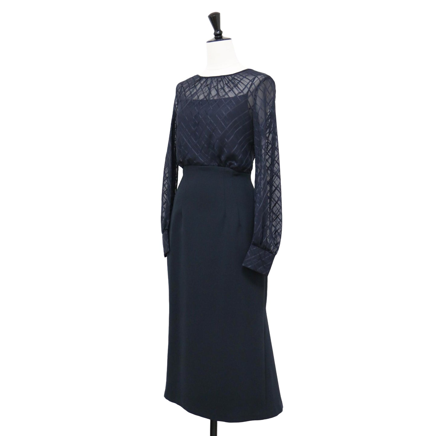 ブラウス ドッキング ワンピース / ロング丈 長袖 シアー チェック マーメイド