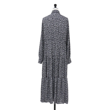 24秋冬 ボウタイ ティアード ワンピース / ロング丈 長袖 小花柄 フラワープリント リボン フレア