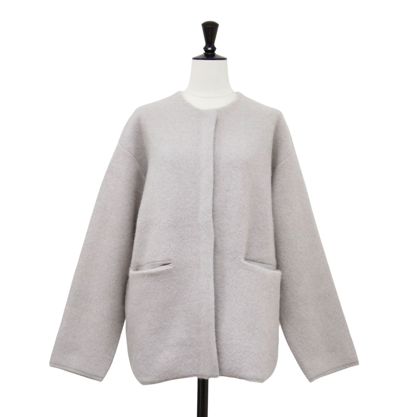 24秋冬 FOXブレンド セッケツ ノーカラー ニット カーディガン / ジャケット 長袖 クルーネック ワイド 比翼ボタン ウール
