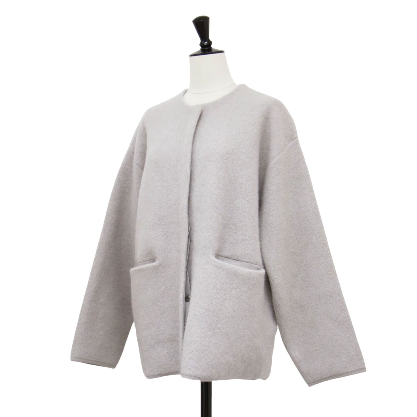 24秋冬 FOXブレンド セッケツ ノーカラー ニット カーディガン / ジャケット 長袖 クルーネック ワイド 比翼ボタン ウール