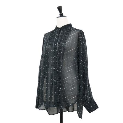 ドット バンドカラー シャツ / ブラウス 長袖 シアー タック