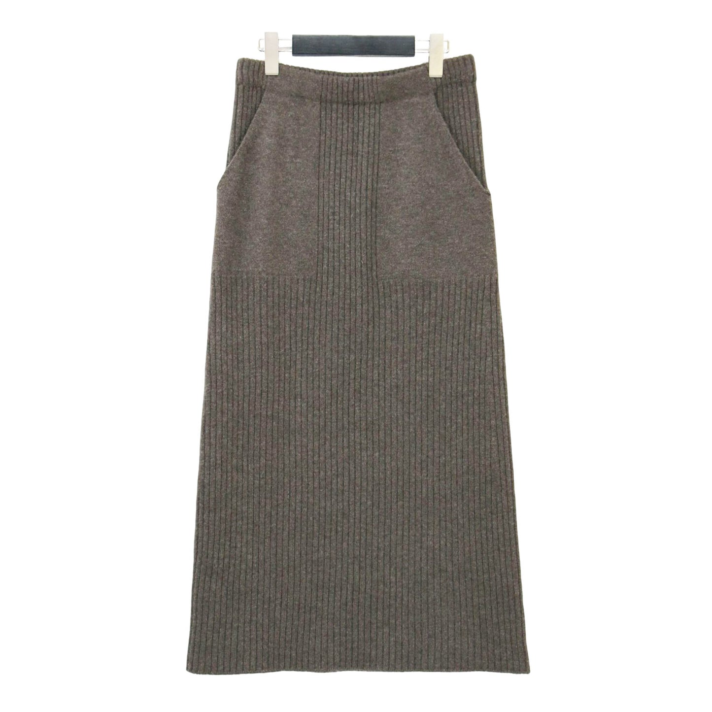 ウール カシミヤ リブ Iライン ミディ スカート / タイト ニット ファティーグ調 ポケット