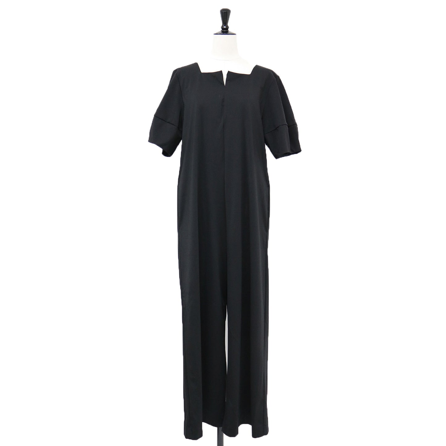 カットソー オールインワン / サロペット キーネック 半袖 ストレッチ コットン