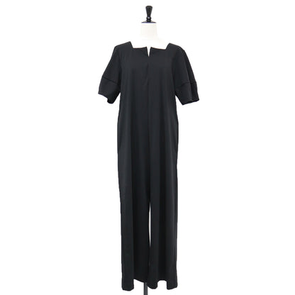 カットソー オールインワン / サロペット キーネック 半袖 ストレッチ コットン