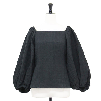 22秋冬 バブルジャガード パフスリーブ ブラウス / プルオーバー 長袖 スクエアネック クロップド丈 コットン