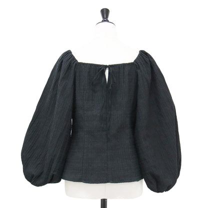 22秋冬 バブルジャガード パフスリーブ ブラウス / プルオーバー 長袖 スクエアネック クロップド丈 コットン