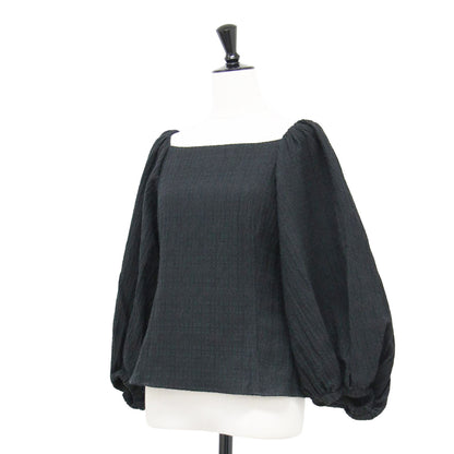 22秋冬 バブルジャガード パフスリーブ ブラウス / プルオーバー 長袖 スクエアネック クロップド丈 コットン