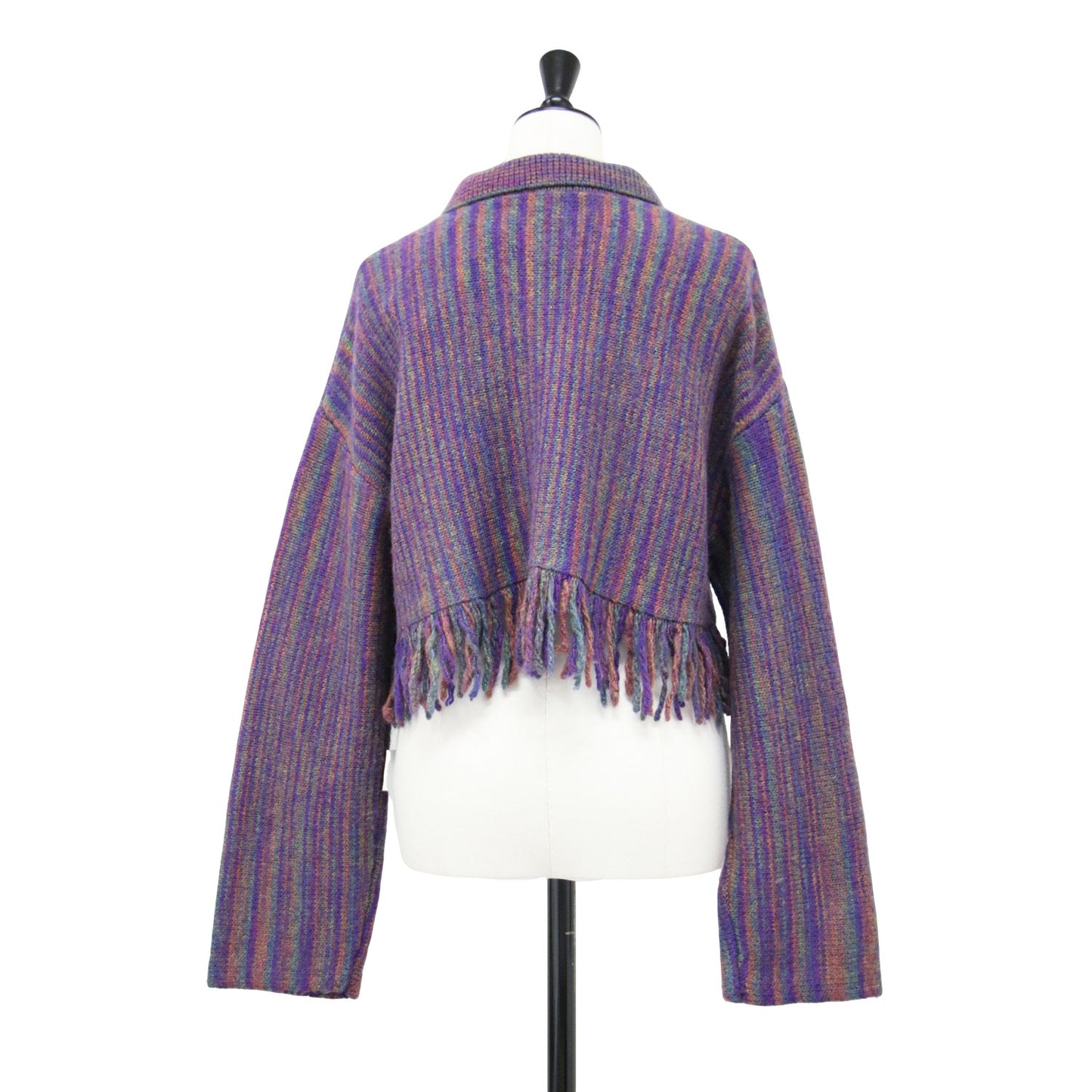 23秋冬 カスリ フリンジ カーディガン / ショート丈 ドロップショルダー ローゲージ 襟付き 多色カスリ グラデーション