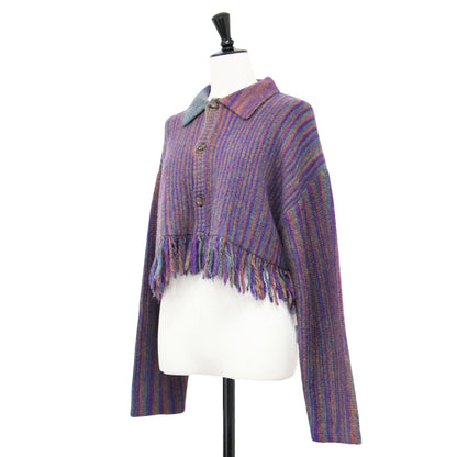 23秋冬 カスリ フリンジ カーディガン / ショート丈 ドロップショルダー ローゲージ 襟付き 多色カスリ グラデーション