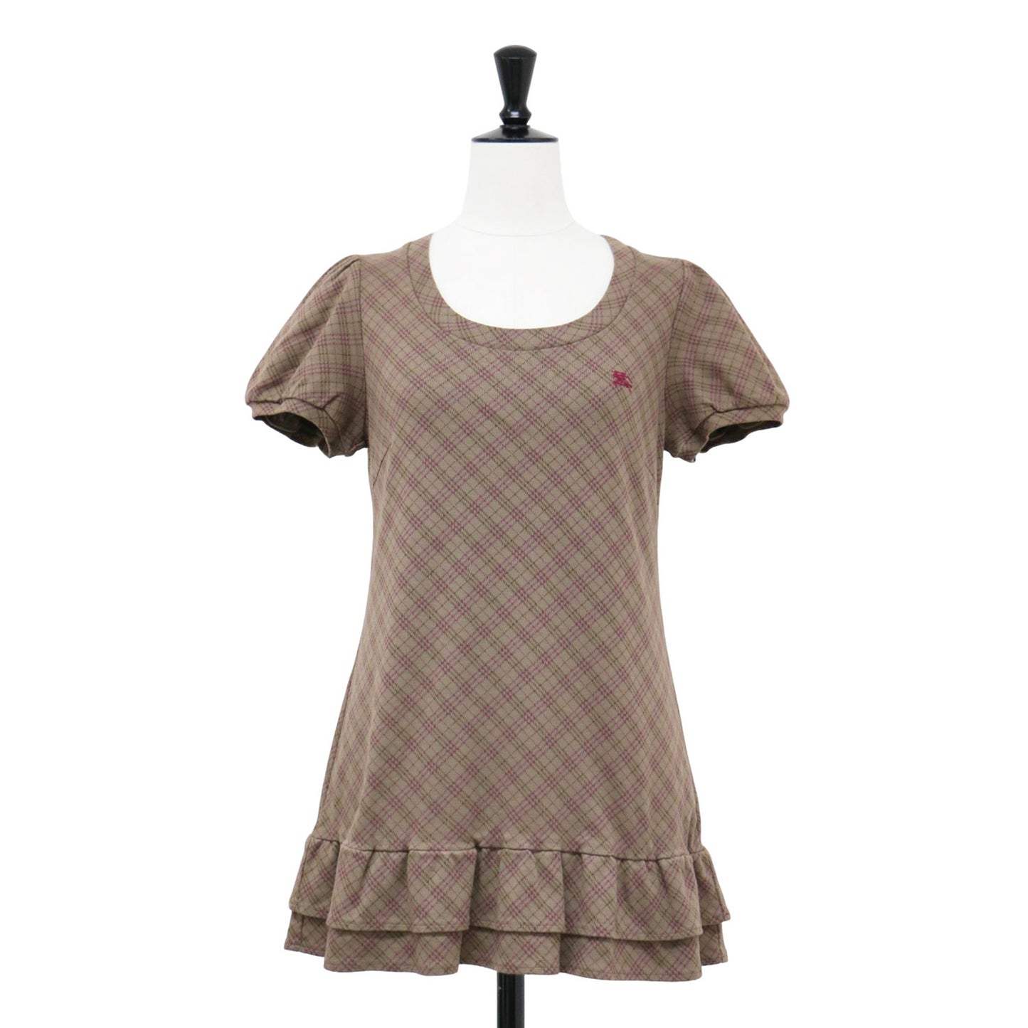 チェック柄 パフスリーブ Tシャツ / 半袖 ショートスリーブ クルーネック ロゴ フリル ティアード コットン