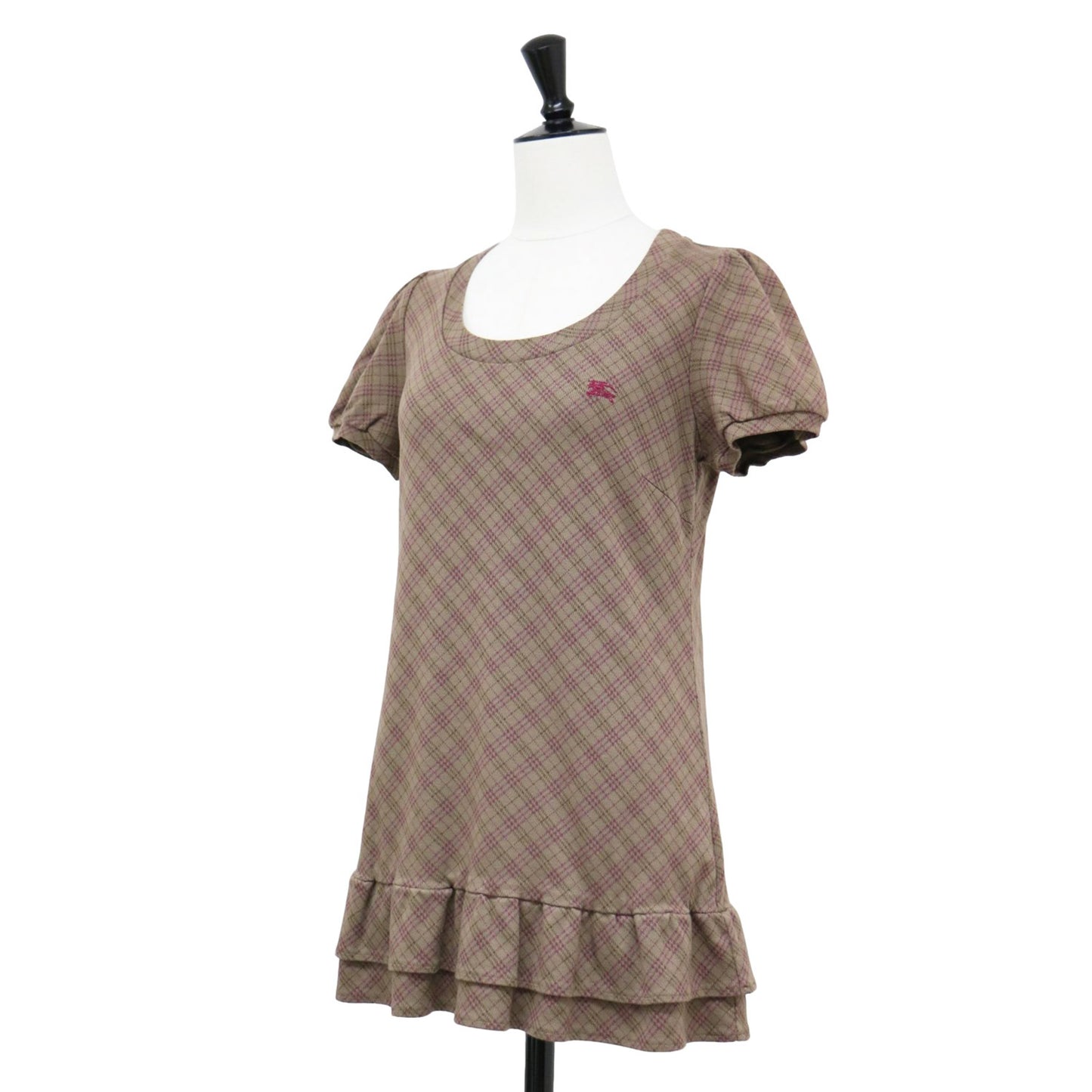 チェック柄 パフスリーブ Tシャツ / 半袖 ショートスリーブ クルーネック ロゴ フリル ティアード コットン