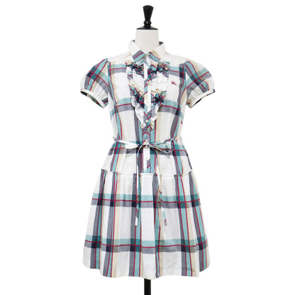 チェック シャツ ワンピース / ミニ丈 膝上 パフスリーブ 半袖 ホースマーク 刺繍 フリル ティアード コットン