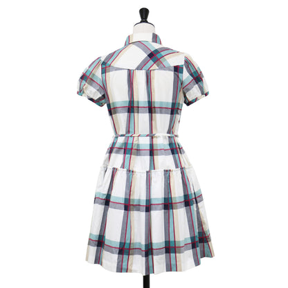 チェック シャツ ワンピース / ミニ丈 膝上 パフスリーブ 半袖 ホースマーク 刺繍 フリル ティアード コットン