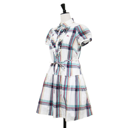 チェック シャツ ワンピース / ミニ丈 膝上 パフスリーブ 半袖 ホースマーク 刺繍 フリル ティアード コットン
