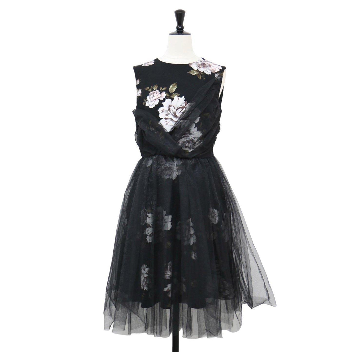 チュール フラワープリント ワンピース / ドレス ミディ丈 膝丈 花柄 クルーネック ノースリーブ ギャザー