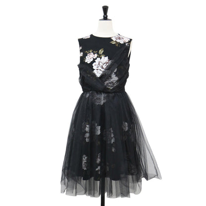 チュール フラワープリント ワンピース / ドレス ミディ丈 膝丈 花柄 クルーネック ノースリーブ ギャザー