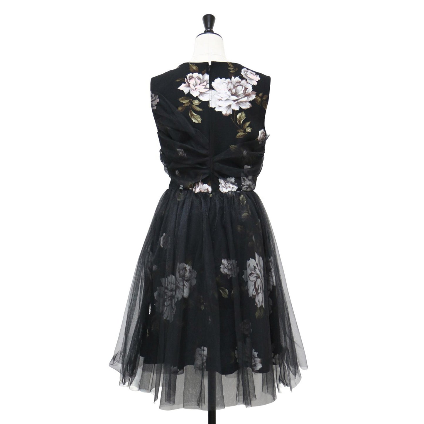 チュール フラワープリント ワンピース / ドレス ミディ丈 膝丈 花柄 クルーネック ノースリーブ ギャザー