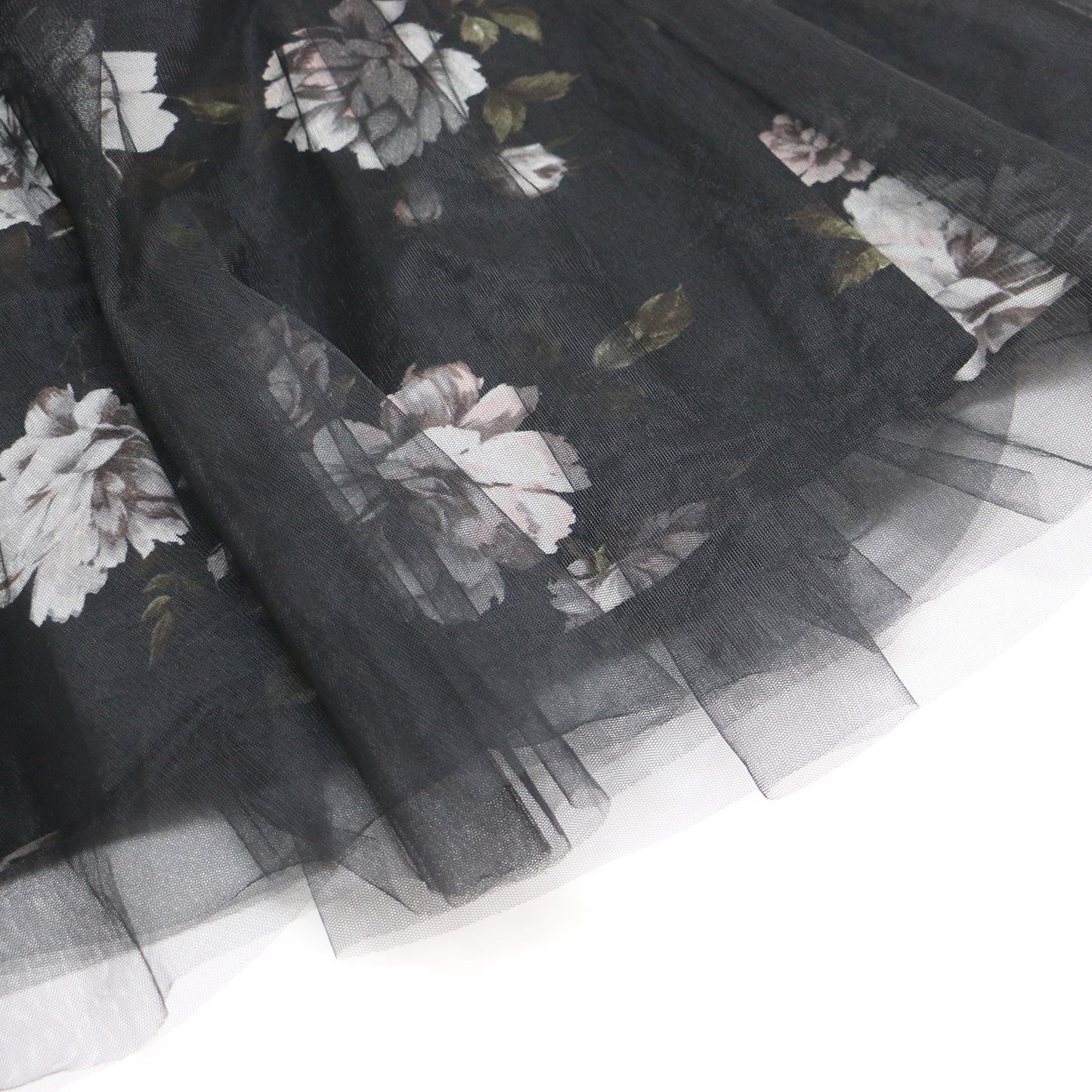 チュール フラワープリント ワンピース / ドレス ミディ丈 膝丈 花柄 クルーネック ノースリーブ ギャザー