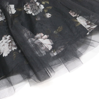 チュール フラワープリント ワンピース / ドレス ミディ丈 膝丈 花柄 クルーネック ノースリーブ ギャザー